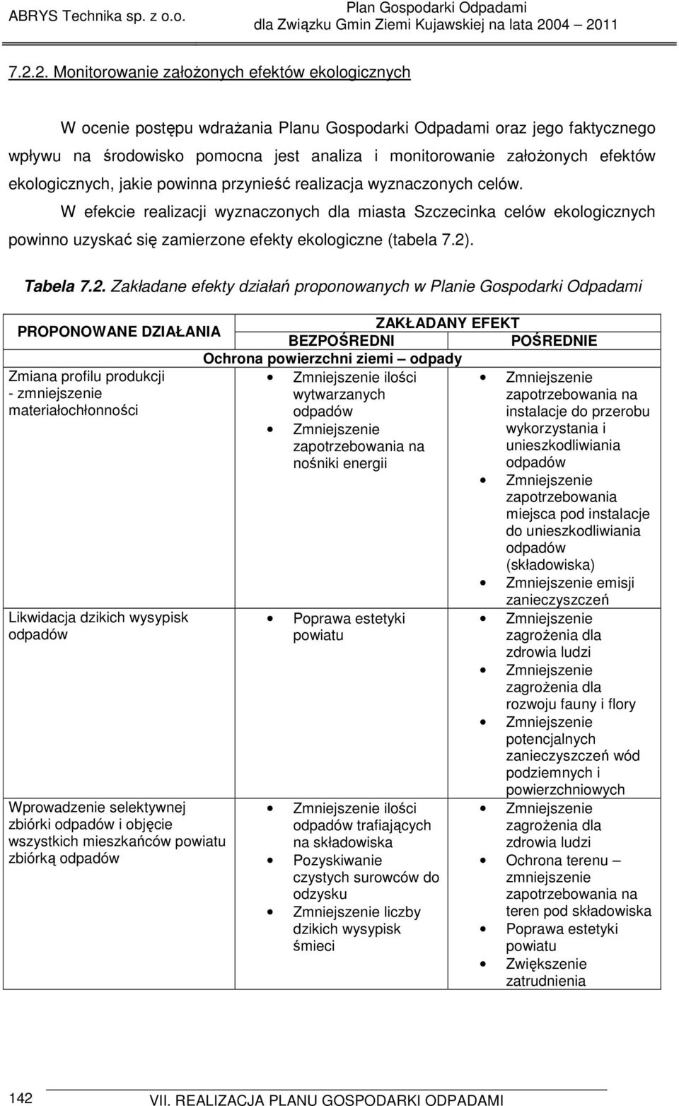 W efekcie realizacji wyznaczonych dla miasta Szczecinka celów ekologicznych powinno uzyskać się zamierzone efekty ekologiczne (tabela 7.2)