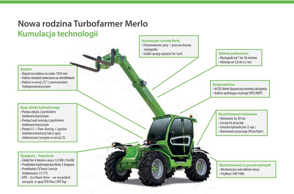 Dynamiczna kontrola obciążenia Kabina sełniająca wymogi FOS/ROS Ocje układu hydraulicznego oma zębata z joystickiem elektromechanicznym oma Loadsensing z joystickiem elektromechanicznym oma LS +