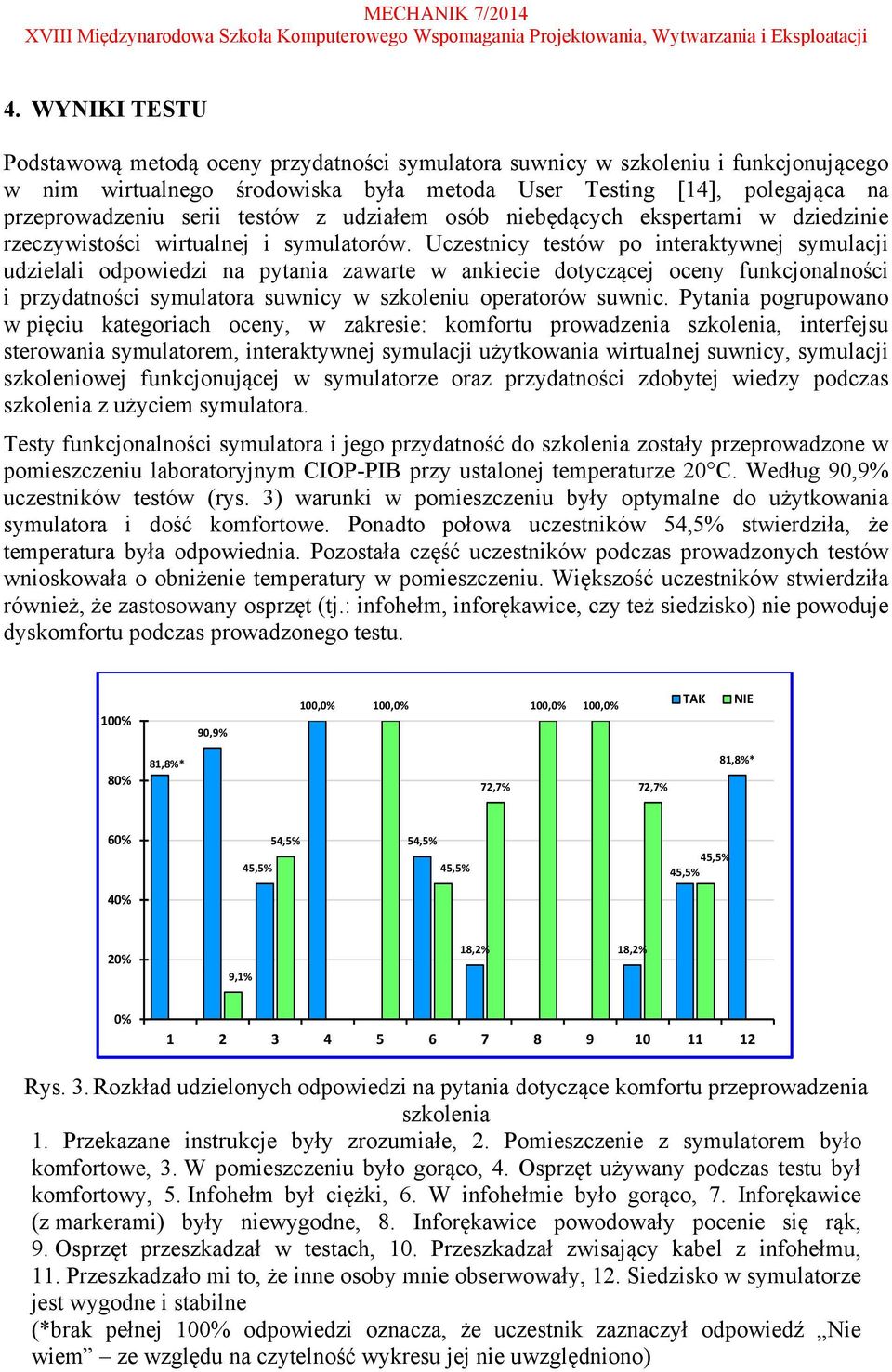 Uczestnicy testów po interaktywnej symulacji udzielali odpowiedzi na pytania zawarte w ankiecie dotyczącej oceny funkcjonalności i przydatności symulatora suwnicy w szkoleniu operatorów suwnic.