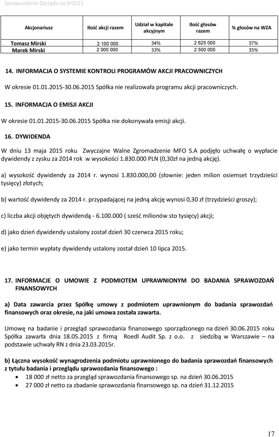 16. DYWIDENDA W dniu 13 maja 2015 roku Zwyczajne Walne Zgromadzenie MFO S.A podjęło uchwałę o wypłacie dywidendy z zysku za 2014 rok w wysokości 1.830.000 PLN (0,30zł na jedną akcję).