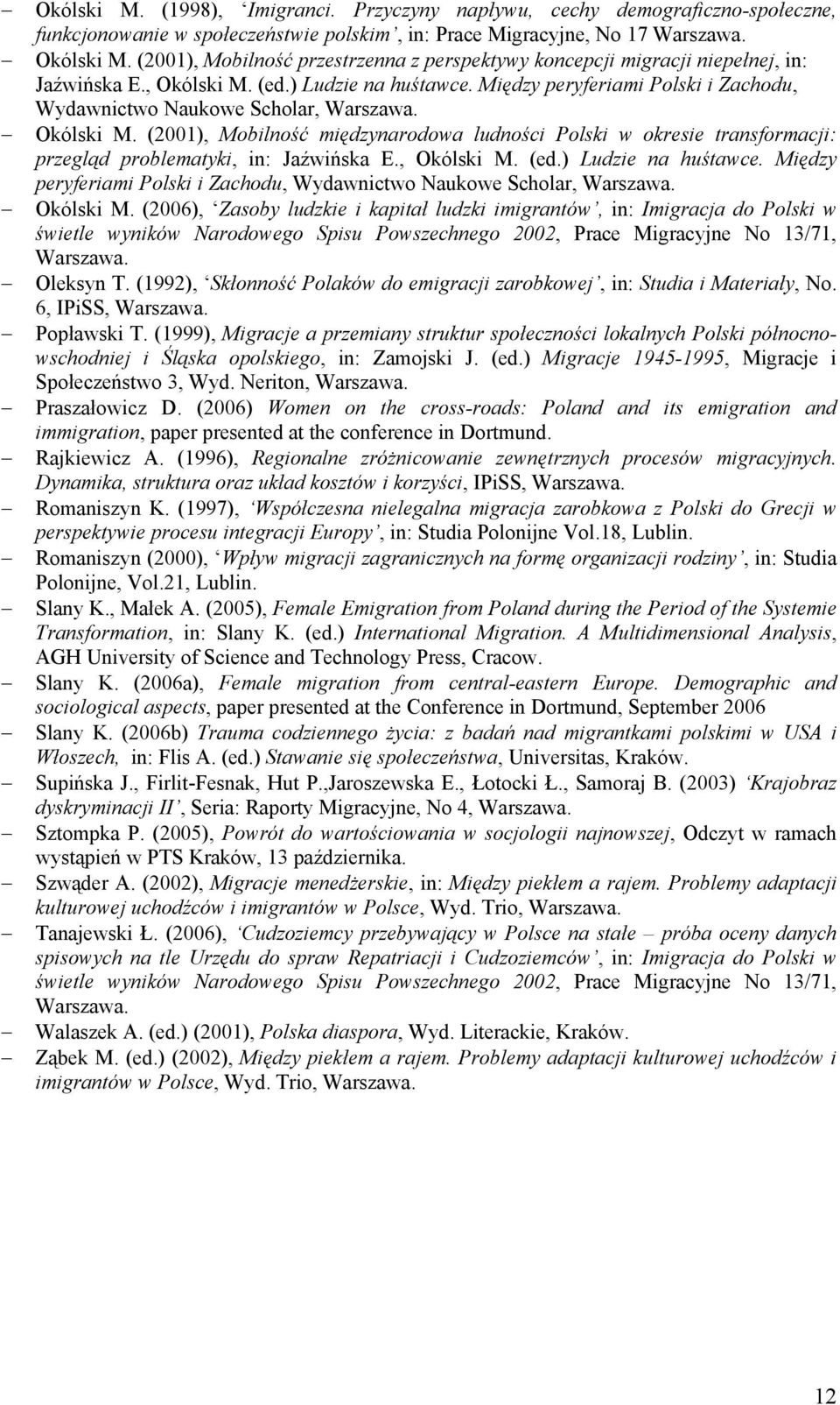 Między peryferiami Polski i Zachodu, Wydawnictwo Naukowe Scholar, Warszawa. Okólski M. (2001), Mobilność międzynarodowa ludności Polski w okresie transformacji: przegląd problematyki, in: Jaźwińska E.