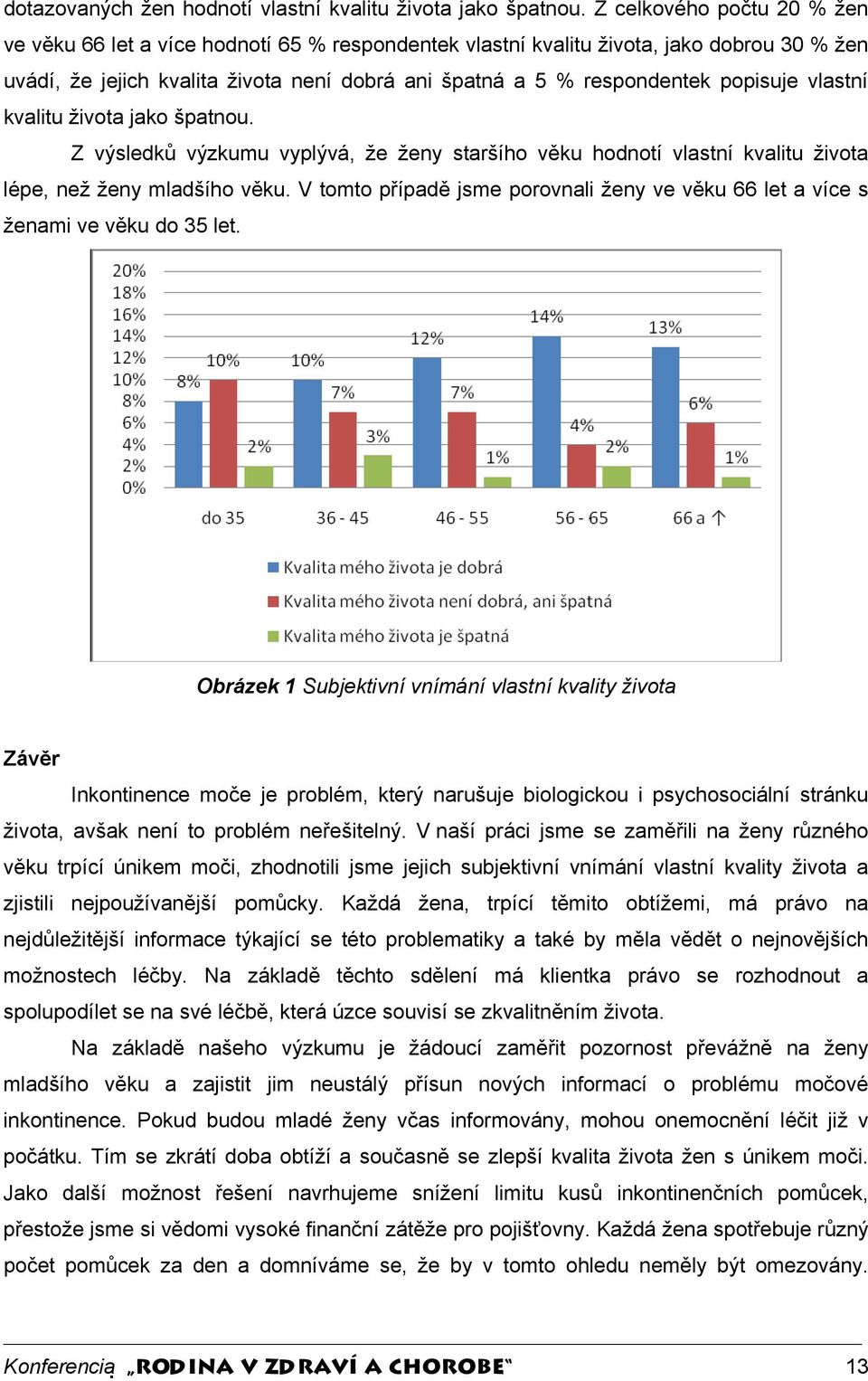 popisuje vlastní kvalitu života jako špatnou. Z výsledků výzkumu vyplývá, že ženy staršího věku hodnotí vlastní kvalitu života lépe, než ženy mladšího věku.