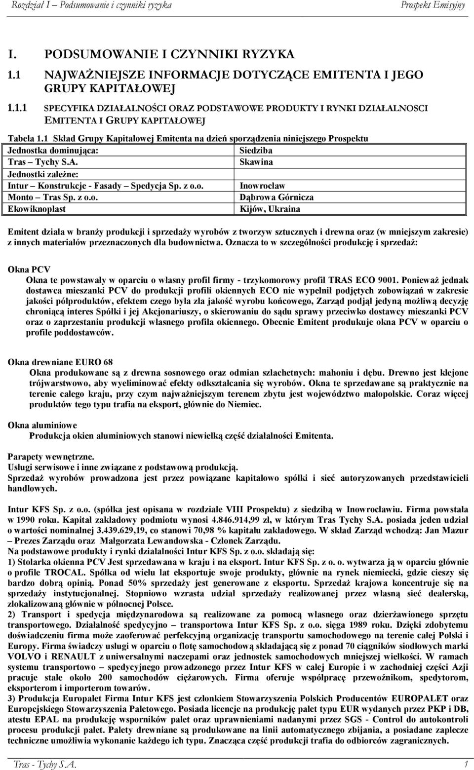 z o.o. Dąbrowa Górnicza Ekowiknoplast Kijów, Ukraina Emitent działa w branży produkcji i sprzedaży wyrobów z tworzyw sztucznych i drewna oraz (w mniejszym zakresie) z innych materiałów przeznaczonych