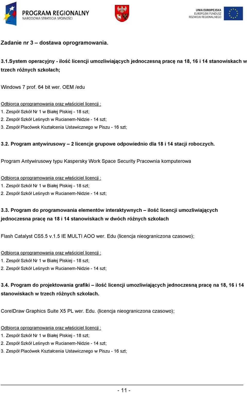 Program Antywirusowy typu Kaspersky Work Space Security Pracownia komputerowa 2. Zespół Szkół Leśnych w Rucianem-Nidzie - 14 szt; 3.