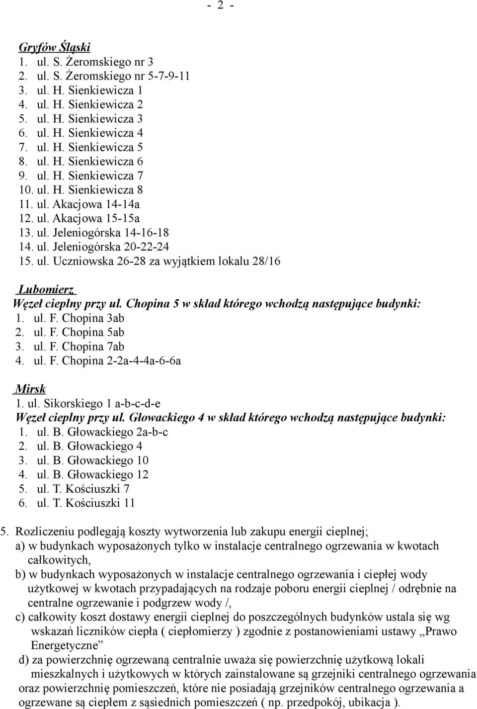 Chopina 5 w skład którego wchodzą następujące budynki: 1. ul. F. Chopina 3ab 2. ul. F. Chopina 5ab 3. ul. F. Chopina 7ab 4. ul. F. Chopina 2-2a-4-4a-6-6a Mirsk 1. ul. Sikorskiego 1 a-b-c-d-e Węzeł cieplny przy ul.