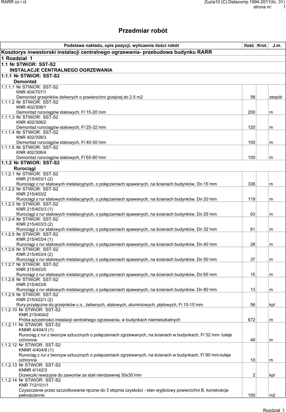 1.1.3 Nr STWiOR: SST-S2 KNR 402/308/2 Demontaż rurociągów stalowych, Fi 25-32 mm 120 m 1.1.1.4 Nr STWiOR: SST-S2 KNR 402/308/3 Demontaż rurociągów stalowych, Fi 40-50 mm 100 m 1.1.1.5 Nr STWiOR: SST-S2 KNR 402/308/4 Demontaż rurociągów stalowych, Fi 65-80 mm 100 m 1.