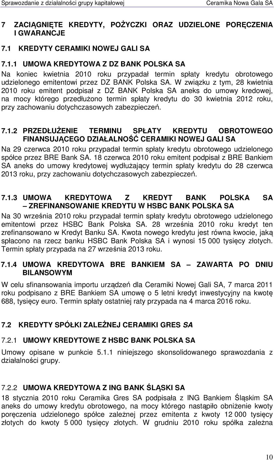 W związku z tym, 28 kwietnia 2010 roku emitent podpisał z DZ BANK Polska SA aneks do umowy kredowej, na mocy którego przedłużono termin spłaty kredytu do 30 kwietnia 2012 roku, przy zachowaniu