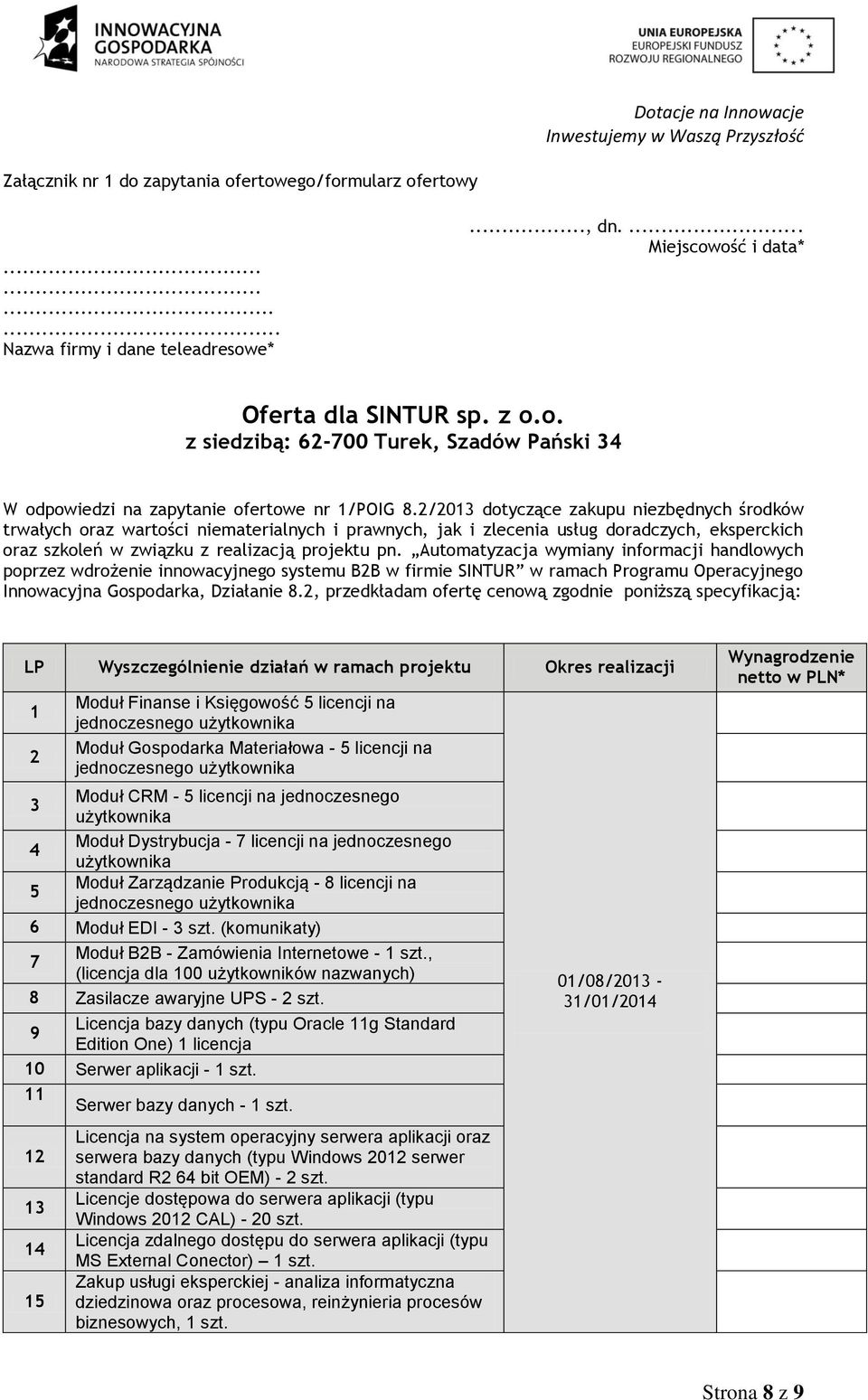 Automatyzacja wymiany informacji handlowych poprzez wdrożenie innowacyjnego systemu B2B w firmie SINTUR w ramach Programu Operacyjnego Innowacyjna Gospodarka, Działanie 8.