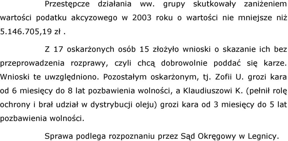 Wnioski te uwzględniono. Pozostałym oskarżonym, tj. Zofii U. grozi kara od 6 miesięcy do 8 lat pozbawienia wolności, a Klaudiuszowi K.