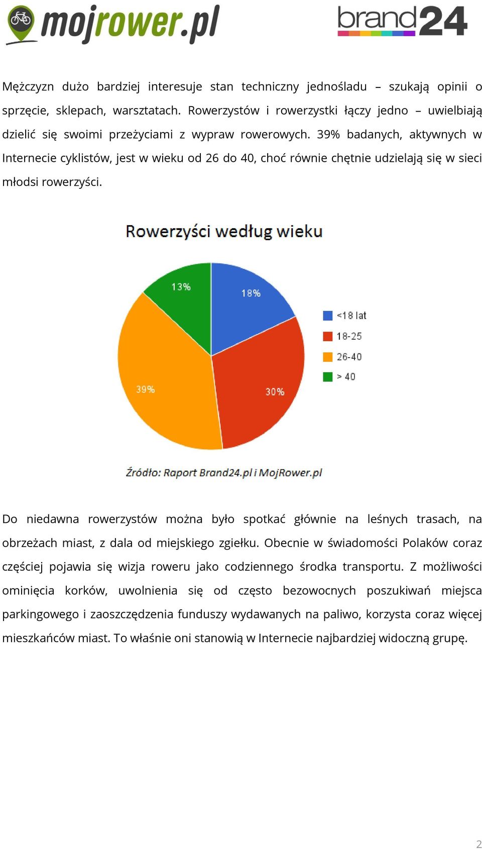 39% badanych, aktywnych w Internecie cyklistów, jest w wieku od 26 do 40, choć równie chętnie udzielają się w sieci młodsi rowerzyści.