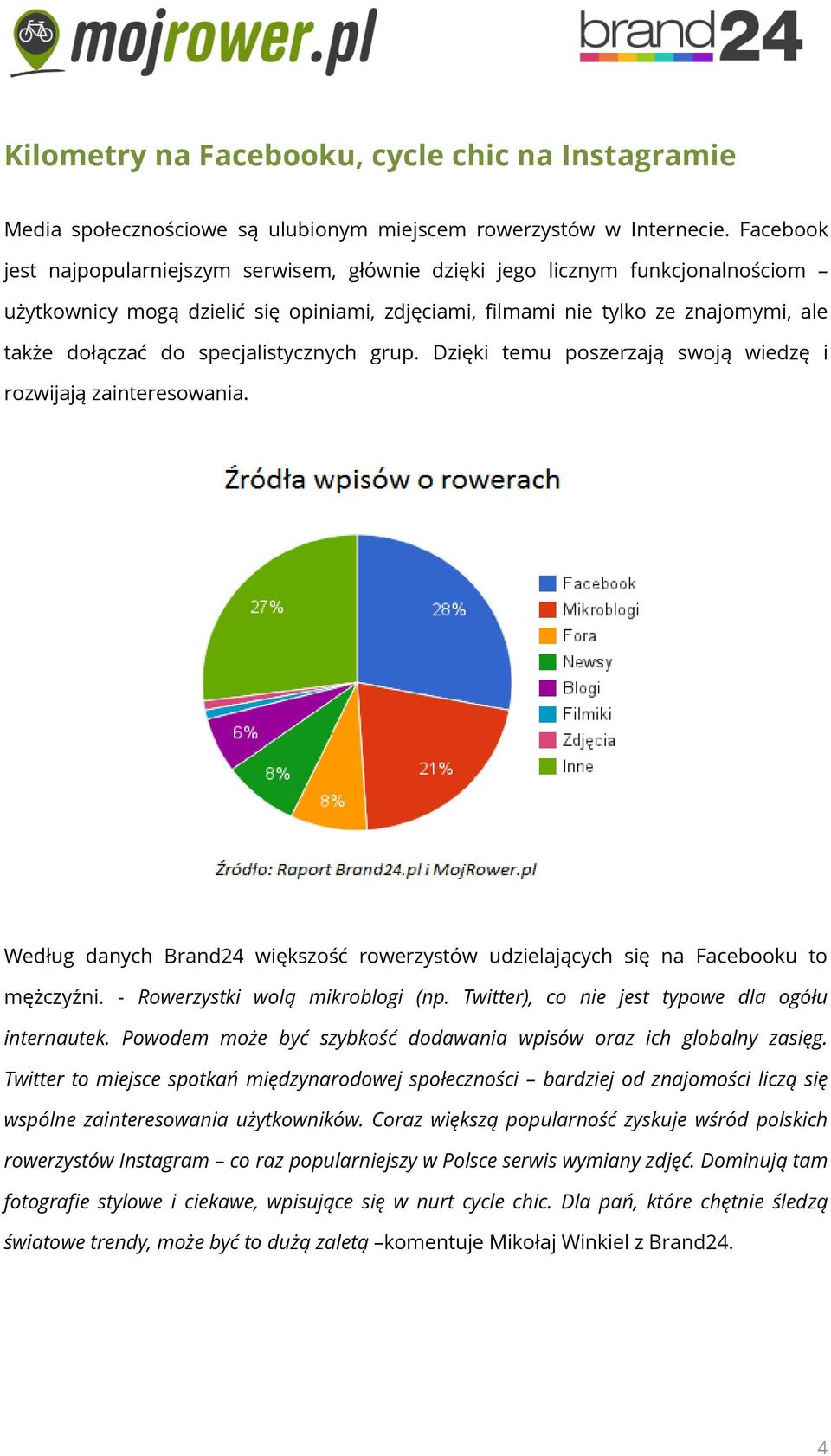 specjalistycznych grup. Dzięki temu poszerzają swoją wiedzę i rozwijają zainteresowania. Według danych Brand24 większość rowerzystów udzielających się na Facebooku to mężczyźni.