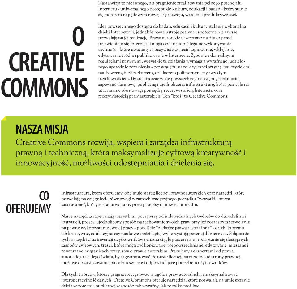 O CREATIVE COMMONS Idea powszechnego dostępu do badań, edukacji i kultury stała się wykonalna dzięki Internetowi, jednakże nasze ustroje prawne i społeczne nie zawsze pozwalają na jej realizację.