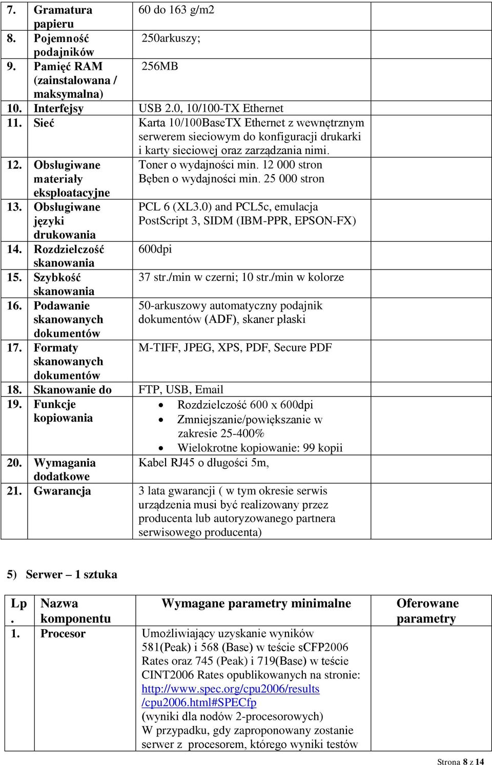 12 000 stron Bęben o wydajności min. 25 000 stron eksploatacyjne 13. Obsługiwane języki drukowania 14. Rozdzielczość skanowania 15. Szybkość skanowania 16. Podawanie skanowanych dokumentów 17.