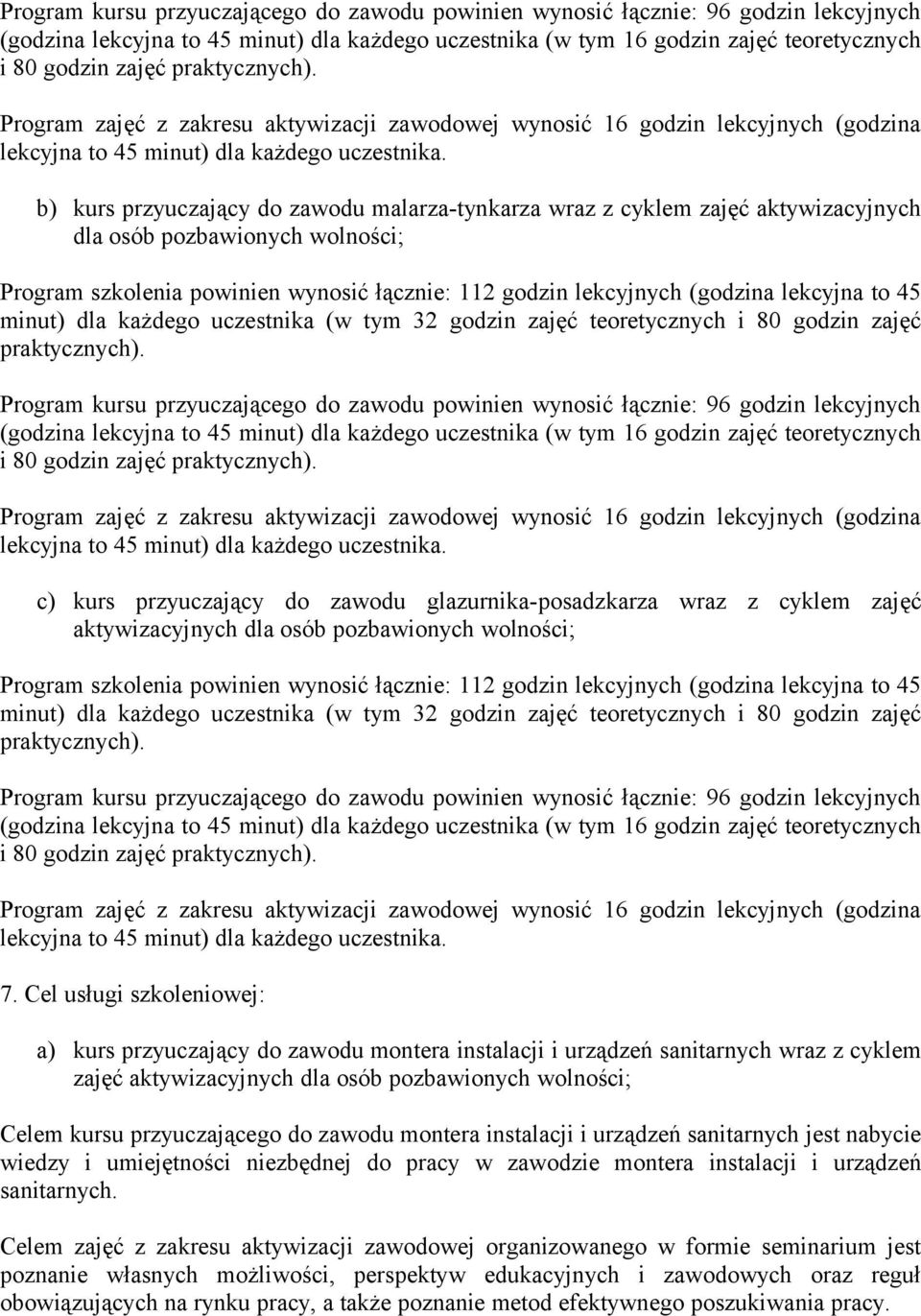 b) kurs przyuczający do zawodu malarza-tynkarza wraz z cyklem zajęć aktywizacyjnych dla osób pozbawionych wolności; Program szkolenia powinien wynosić łącznie: 112 godzin lekcyjnych (godzina lekcyjna