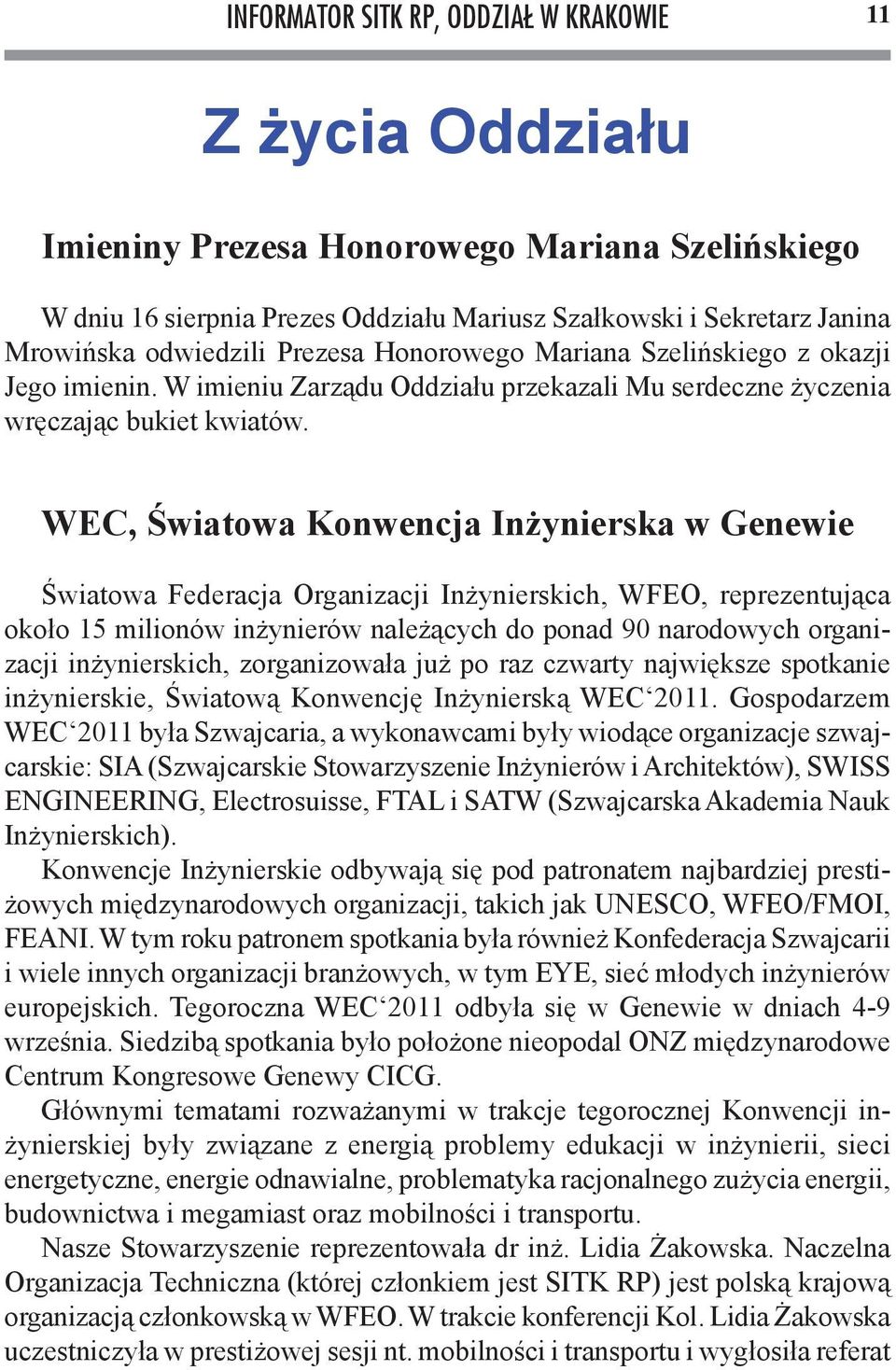 WEC, Światowa Konwencja Inżynierska w Genewie Światowa Federacja Organizacji Inżynierskich, WFEO, reprezentująca około 15 milionów inżynierów należących do ponad 90 narodowych organizacji