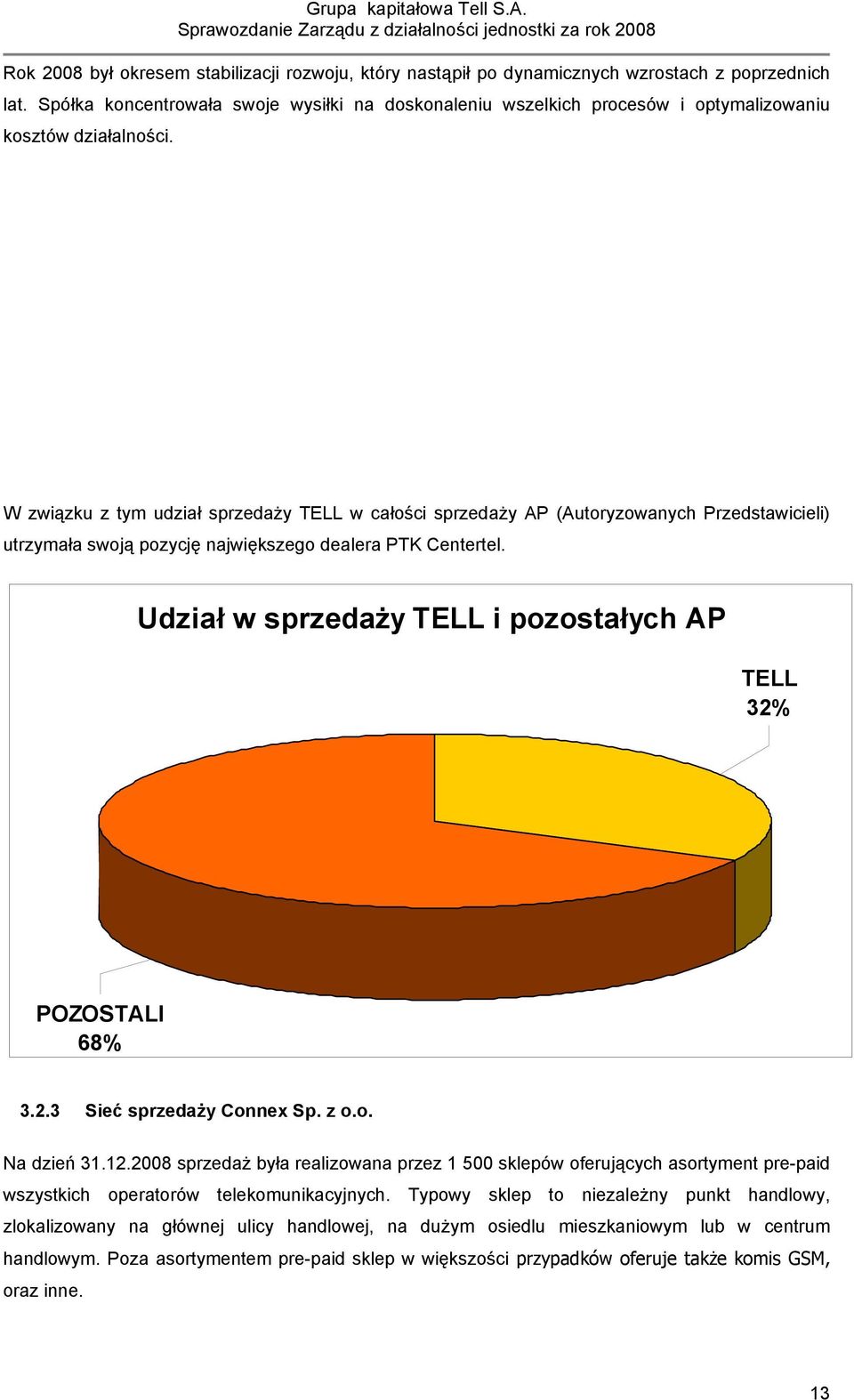 W związku z tym udział sprzedaży TELL w całości sprzedaży AP (Autoryzowanych Przedstawicieli) utrzymała swoją pozycję największego dealera PTK Centertel.