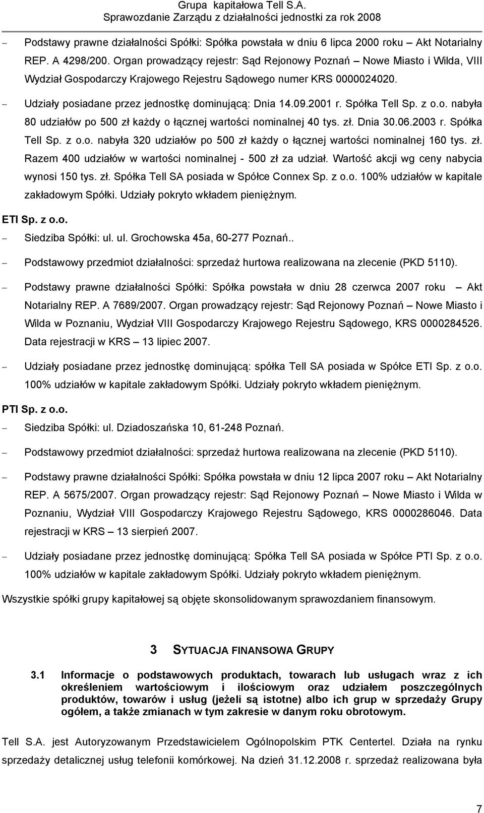 2001 r. Spółka Tell Sp. z o.o. nabyła 80 udziałów po 500 zł każdy o łącznej wartości nominalnej 40 tys. zł. Dnia 30.06.2003 r. Spółka Tell Sp. z o.o. nabyła 320 udziałów po 500 zł każdy o łącznej wartości nominalnej 160 tys.