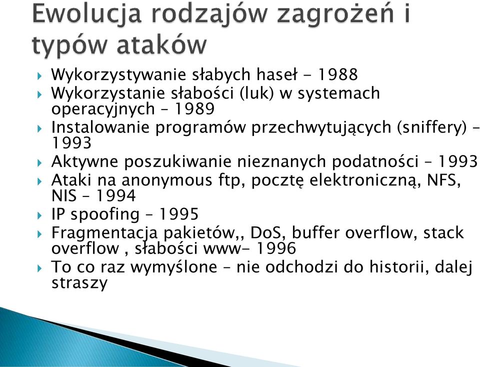 Ataki na anonymous ftp, pocztę elektroniczną, NFS, NIS 1994 IP spoofing 1995 Fragmentacja pakietów,,