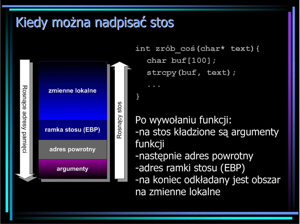 .. } Po wywołaniu funkcji: -na stos kładzione są argumenty