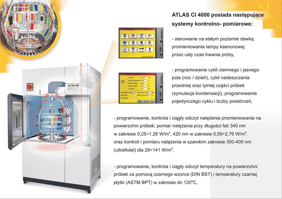 odczyt natê enia promieniowania na powierzchni próbek; pomiar natê enia przy d³ugoœci fali 340 nm w zakresie 0,25 1,26 W/m, 420 nm w zakresie 0,59 2,76 W/m.