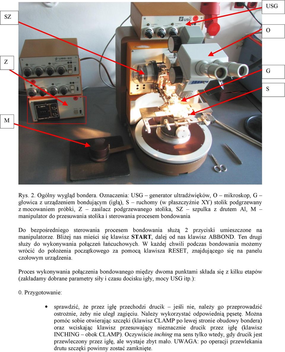 stolika, SZ szpulka z drutem Al, M manipulator do przesuwania stolika i sterowania procesem bondowania Do bezpośredniego sterowania procesem bondowania służą 2 przyciski umieszczone na manipulatorze.