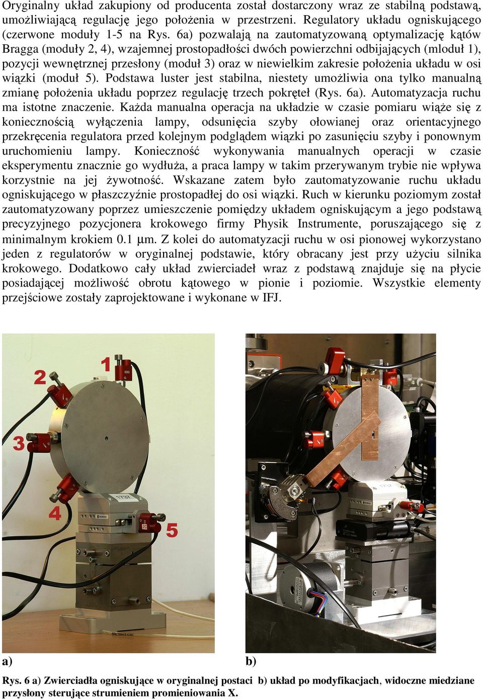 6a) pozwalają na zautomatyzowaną optymalizację kątów Bragga (moduły 2, 4), wzajemnej prostopadłości dwóch powierzchni odbijających (mloduł 1), pozycji wewnętrznej przesłony (moduł 3) oraz w