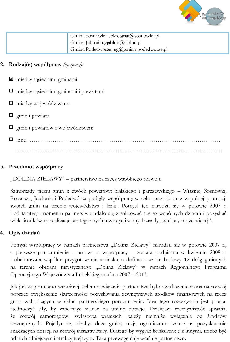 Przedmiot współpracy DOLINA ZIELAWY partnerstwo na rzecz wspólnego rozwoju Samorządy pięciu gmin z dwóch powiatów: bialskiego i parczewskiego Wisznic, Sosnówki, Rossosza, Jabłonia i Podedwórza