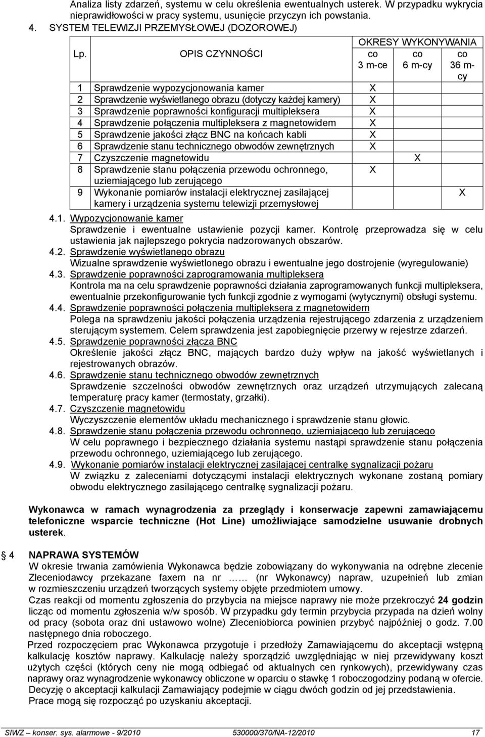 OPIS CZYNNOŚCI co 3 m-ce OKRESY WYKONYWANIA co 6 m-cy 1 Sprawdzenie wypozycjonowania kamer X 2 Sprawdzenie wyświetlanego obrazu (dotyczy każdej kamery) X 3 Sprawdzenie poprawności konfiguracji