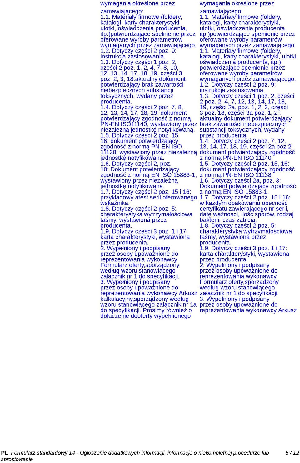 1, 2, 4, 7, 8, 10, 12, 13, 14, 17, 18, 19, części 3 poz. 2, 3, 18:aktualny dokument potwierdzający brak zawartości niebezpiecznych substancji toksycznych, wydany przez producenta. 1.4. Dotyczy części 2 poz.