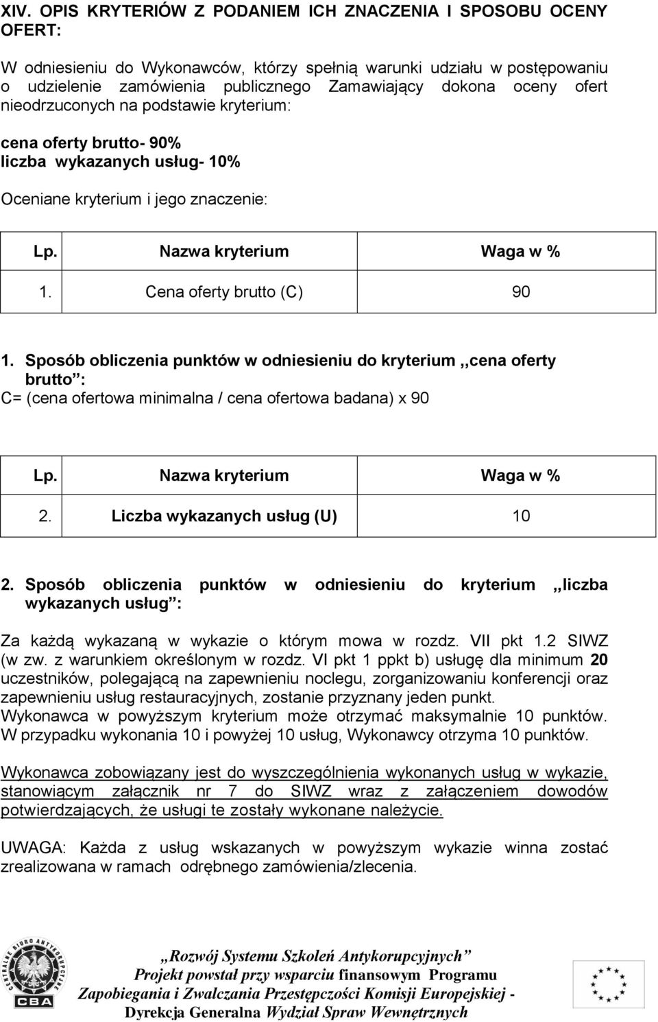 Cena oferty brutto (C) 90 1. Sposób obliczenia punktów w odniesieniu do kryterium,,cena oferty brutto : C= (cena ofertowa minimalna / cena ofertowa badana) x 90 Lp. Nazwa kryterium Waga w % 2.