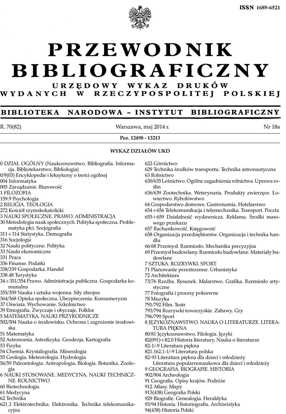 TEOLOGIA 272 Kościół rzymskokatolicki 3 NAUKI SPOŁECZNE. PRAWO. ADMINISTRACJA 30 Metodologia nauk społecznych. Polityka społeczna. Problematyka płci. Socjografia 311+314 Statystyka.