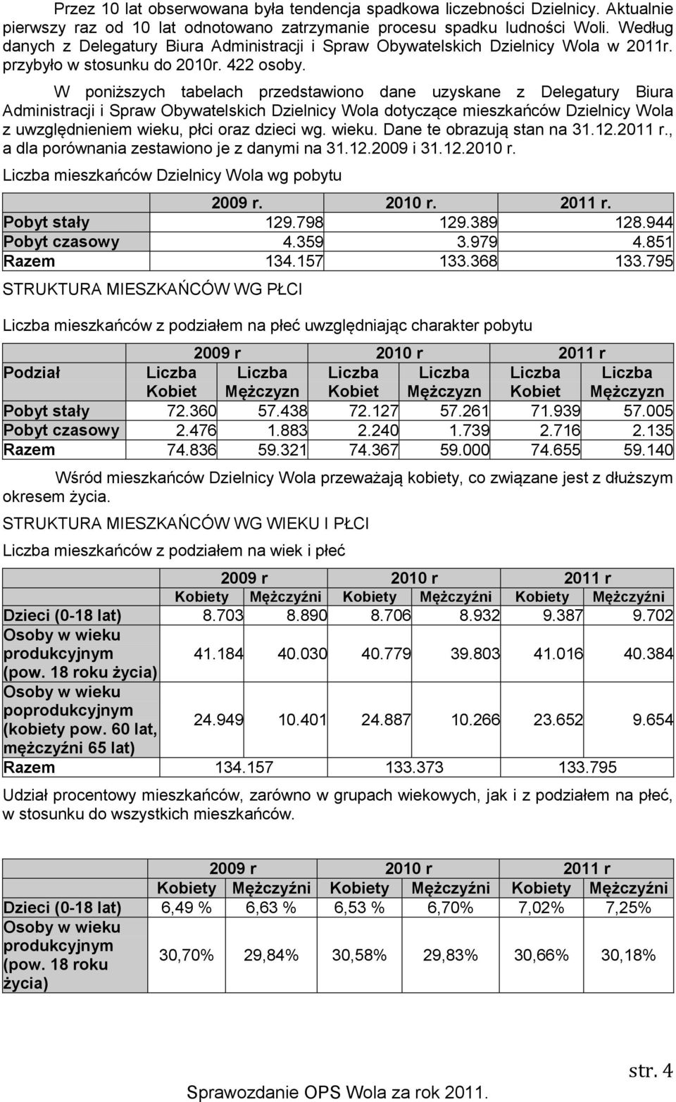 W poniższych tabelach przedstawiono dane uzyskane z Delegatury Biura Administracji i Spraw Obywatelskich Dzielnicy Wola dotyczące mieszkańców Dzielnicy Wola z uwzględnieniem wieku, płci oraz dzieci