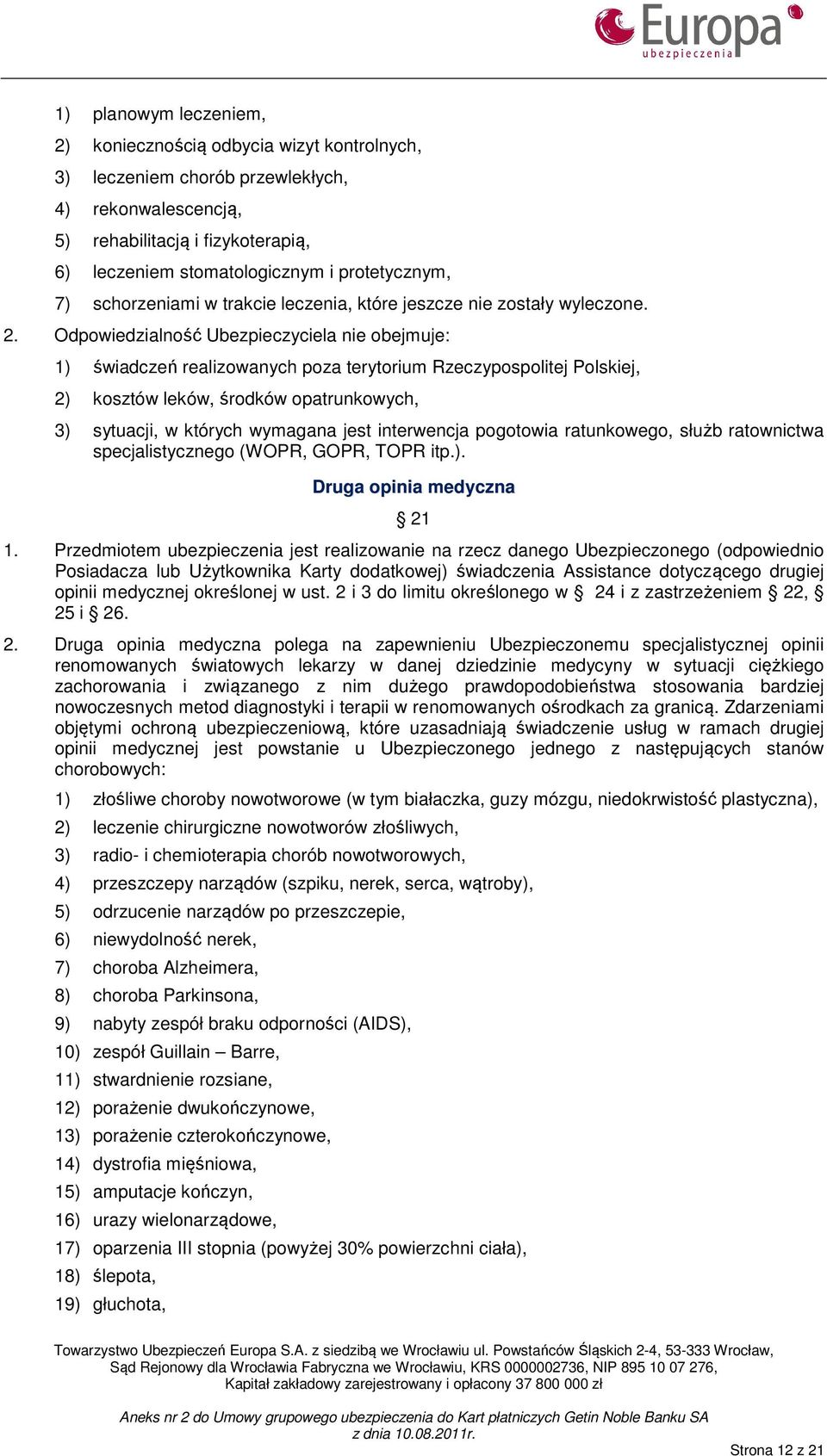 Odpowiedzialność Ubezpieczyciela nie obejmuje: 1) świadczeń realizowanych poza terytorium Rzeczypospolitej Polskiej, 2) kosztów leków, środków opatrunkowych, 3) sytuacji, w których wymagana jest