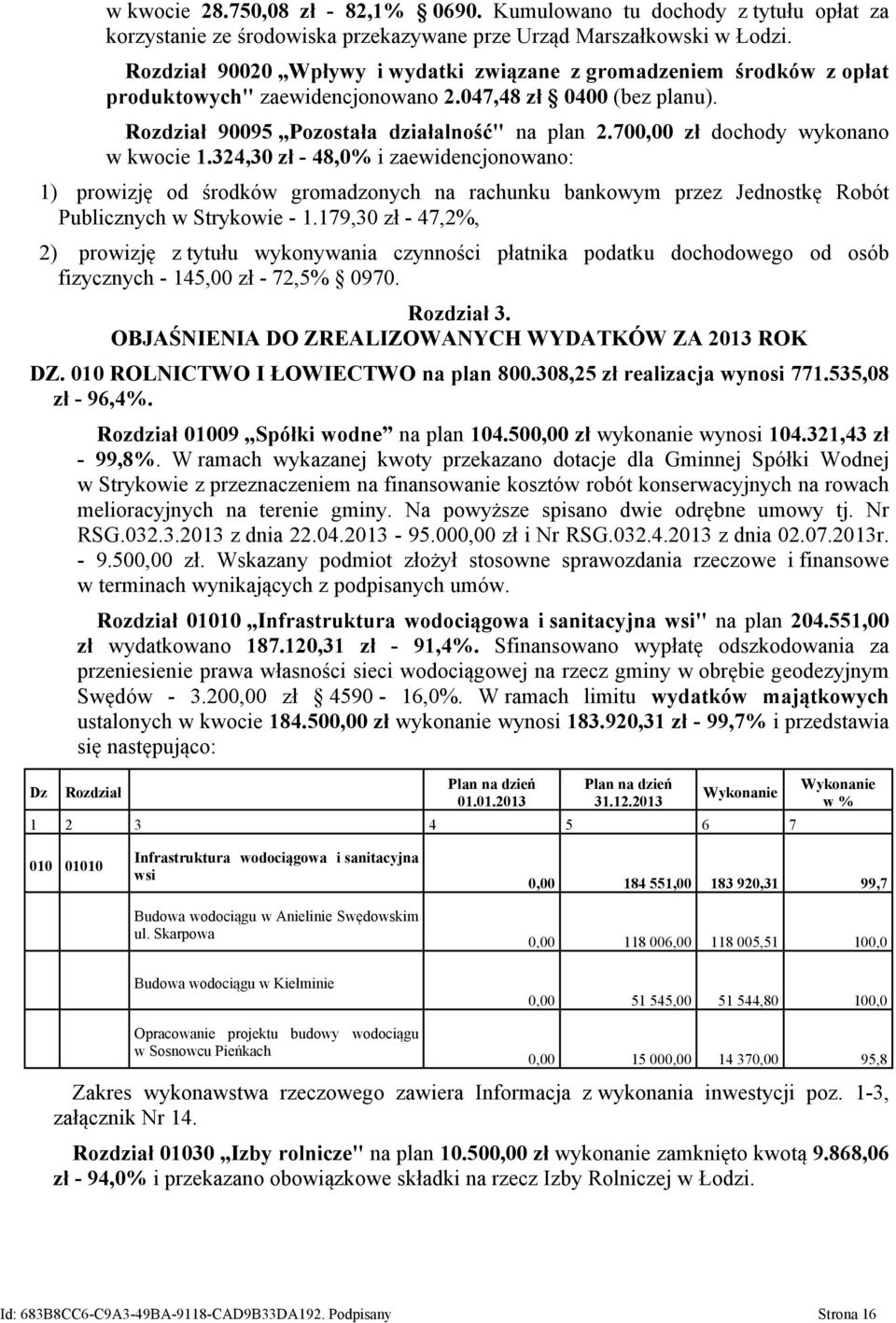 700,00 zł dochody wykonano w kwocie 1.324,30 zł - 48,0% i zaewidencjonowano: 1) prowizję od środków gromadzonych na rachunku bankowym przez Jednostkę Robót Publicznych w Strykowie - 1.