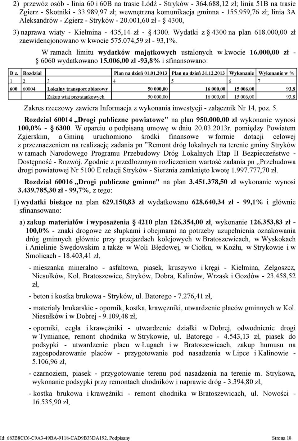 074,59 zł - 93,1%. W ramach limitu wydatków majątkowych ustalonych w kwocie 16.000,00 zł - 6060 wydatkowano 15.006,00 zł -93,8% i sfinansowano: D z. Rozdział Plan na dzień 01.01.2013 Plan na dzień 31.