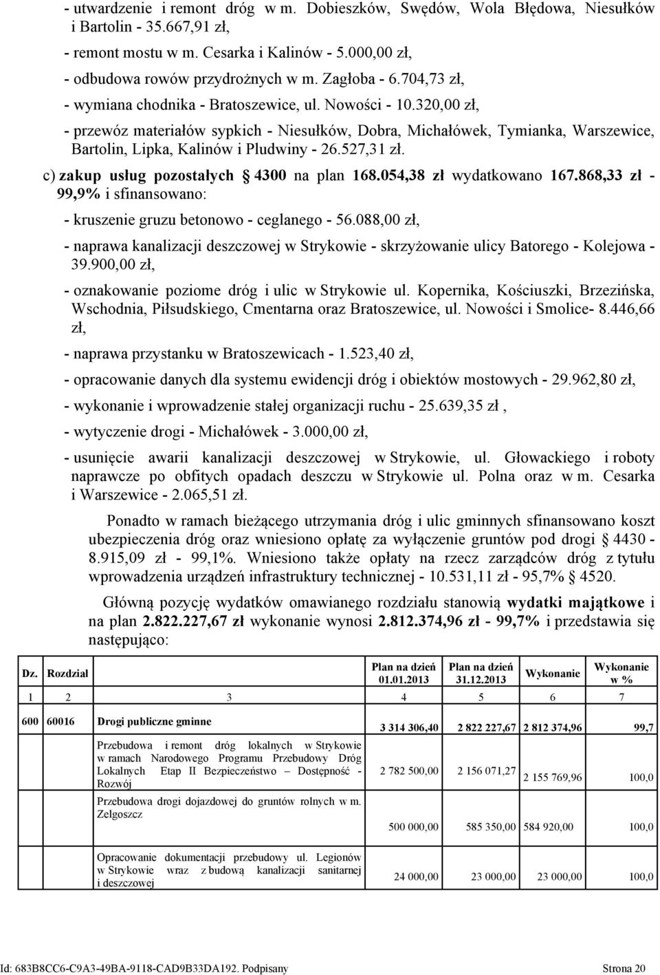 320,00 zł, - przewóz materiałów sypkich - Niesułków, Dobra, Michałówek, Tymianka, Warszewice, Bartolin, Lipka, Kalinów i Pludwiny - 26.527,31 zł. c) zakup usług pozostałych 4300 na plan 168.