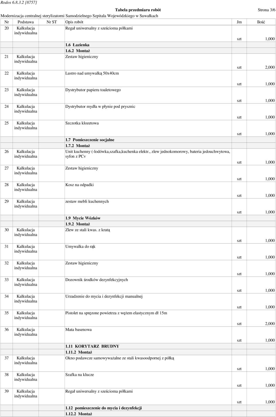 7 Pomieszczenie socjalne 1.7.2 MontaŜ Unit kuchenny (-lodówka,szafka,kuchenka elektr., zlew jednokomorowy, bateria jedouchwytowa, syfon z PCv Kosz na odpadki zestaw mebli kuchennych 1.