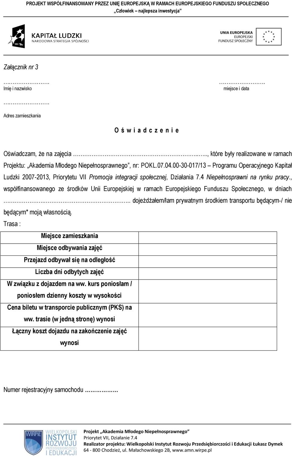 00-30-017/13 Programu Operacyjnego Kapitał Ludzki 2007-2013, Priorytetu VII Promocja integracji społecznej, Działania 7.4 Niepełnosprawni na rynku pracy.