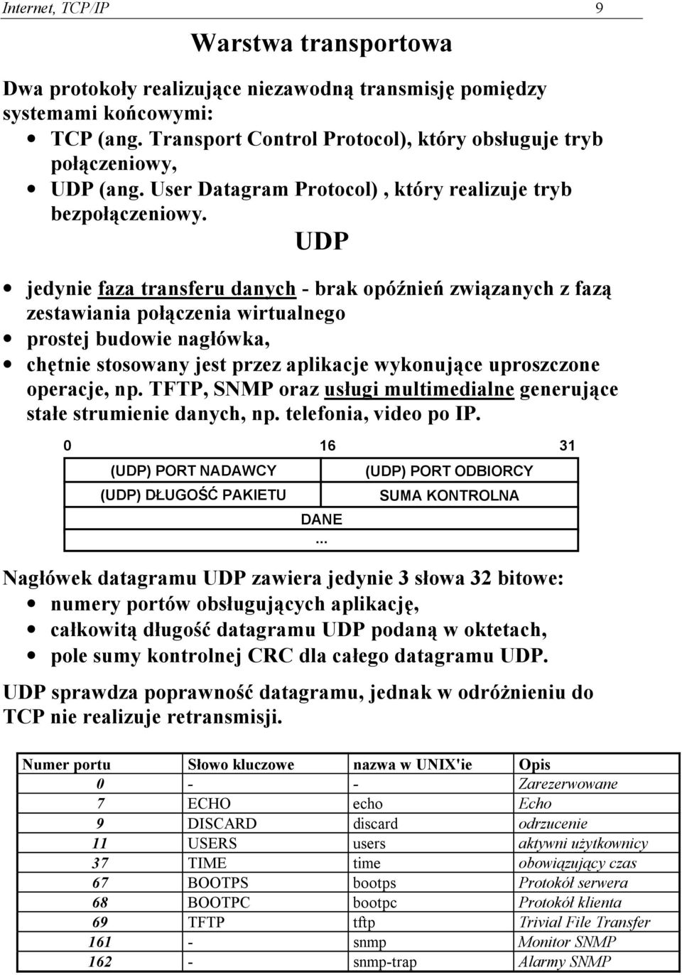 UDP jedynie faza transferu danych - brak opóźnień związanych z fazą zestawiania połączenia wirtualnego prostej budowie nagłówka, chętnie stosowany jest przez aplikacje wykonujące uproszczone