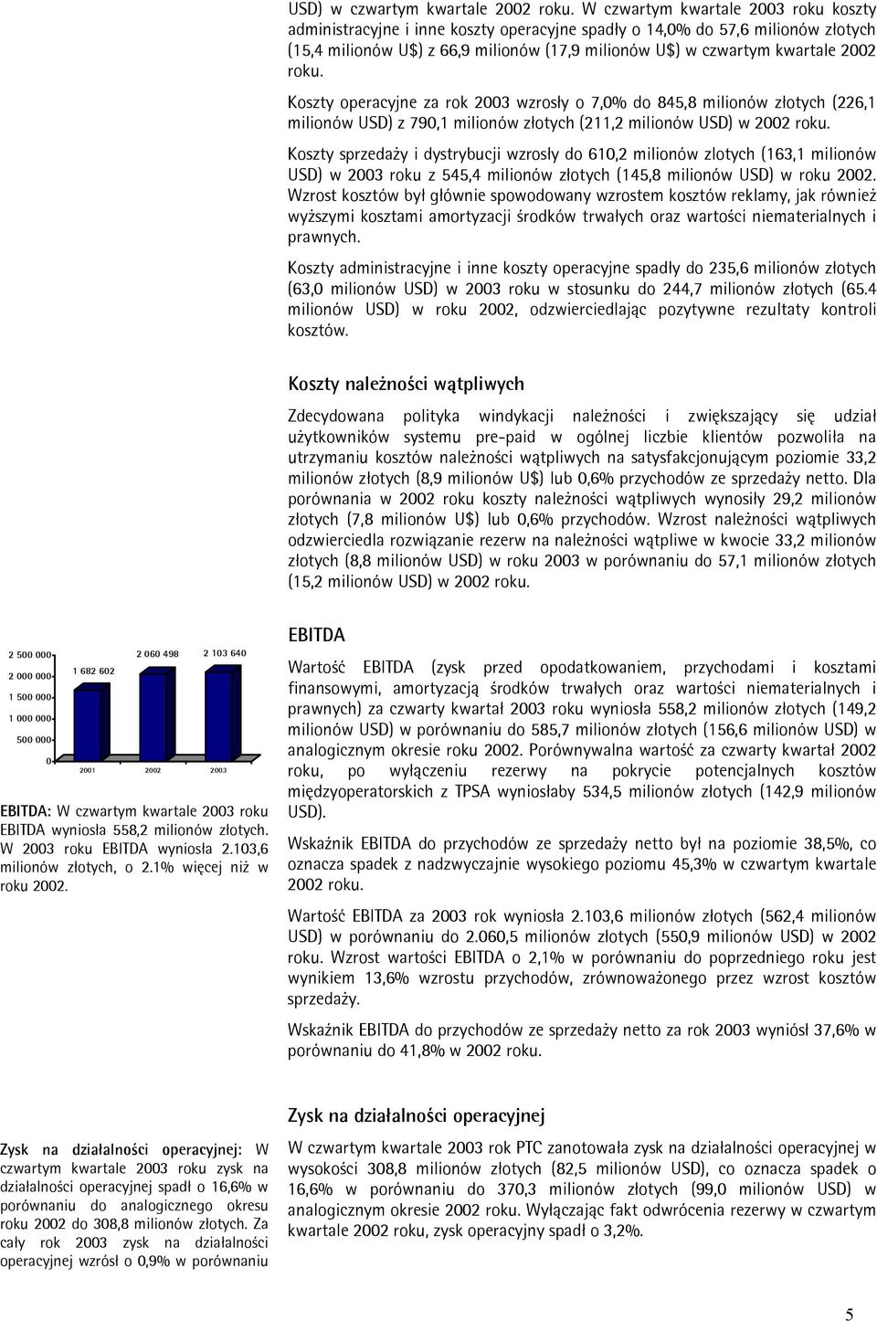 roku. Koszty operacyjne za rok 2003 wzrosły o 7,0% do 845,8 milionów złotych (226,1 milionów USD) z 790,1 milionów złotych (211,2 milionów USD) w 2002 roku.