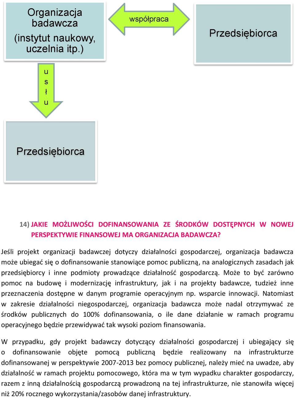 Jeśli projekt organizacji badawczej dotyczy działalności gospodarczej, organizacja badawcza może ubiegać się o dofinansowanie stanowiące pomoc publiczną, na analogicznych zasadach jak przedsiębiorcy