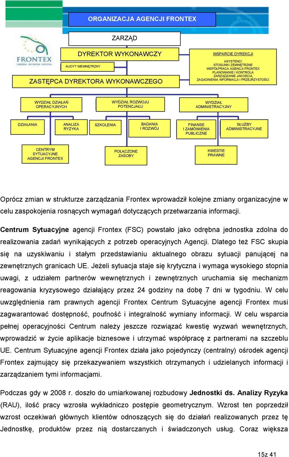 ROZWÓJ FINANSE I ZAMÓWIENIA PUBLICZNE SŁUśBY ADMINISTRACYJNE CENTRYM SYTUACYJNE AGENCJI FRONTEX POŁĄCZONE ZASOBY KWESTIE PRAWNE Oprócz zmian w strukturze zarządzania Frontex wprowadził kolejne zmiany