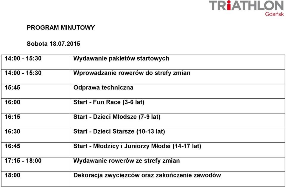 Odprawa techniczna 16:00 Start - Fun Race (3-6 lat) 16:15 Start - Dzieci Młodsze (7-9 lat) 16:30 Start