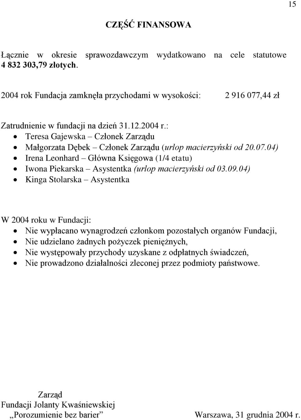 07.04) Irena Leonhard Główna Księgowa (1/4 etatu) Iwona Piekarska Asystentka (urlop macierzyński od 03.09.