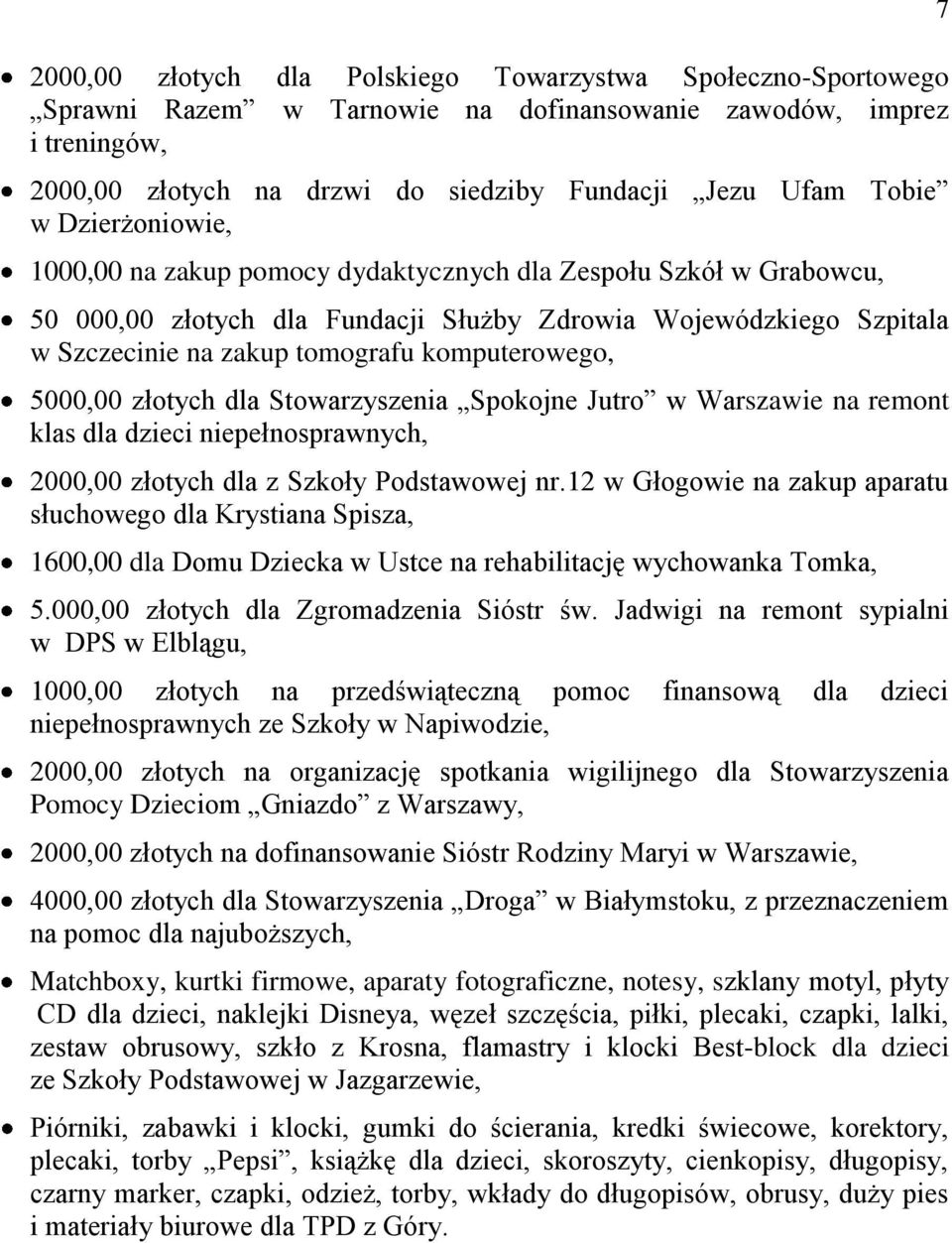 5000,00 złotych dla Stowarzyszenia Spokojne Jutro w Warszawie na remont klas dla dzieci niepełnosprawnych, 2000,00 złotych dla z Szkoły Podstawowej nr.