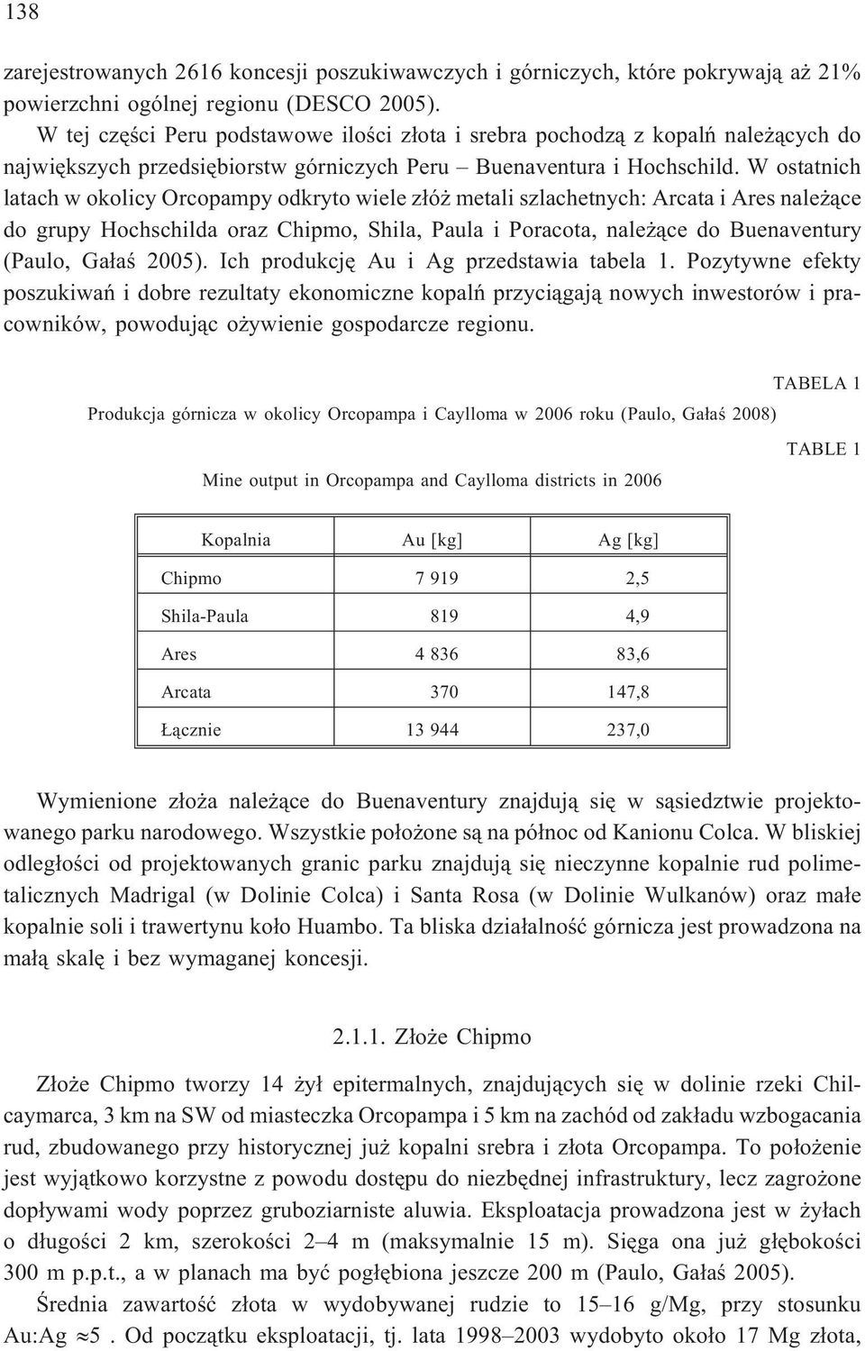 W ostatnich latach w okolicy Orcopampy odkryto wiele z³ó metali szlachetnych: Arcata i Ares nale ¹ce do grupy Hochschilda oraz Chipmo, Shila, Paula i Poracota, nale ¹ce do Buenaventury (Paulo, Ga³aœ