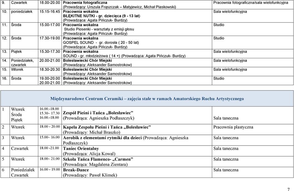 00 Pracownia wokalna GOSPEL SOUND gr. dorosła ( 20 50 lat) (Prowadząca: Agata Pińczuk Burdzy) 13. 15.3017.30 Pracownia wokalna SOUND gr. młodzieżowa ( 14 +) (Prowadząca: Agata Pińczuk Burdzy) 14.