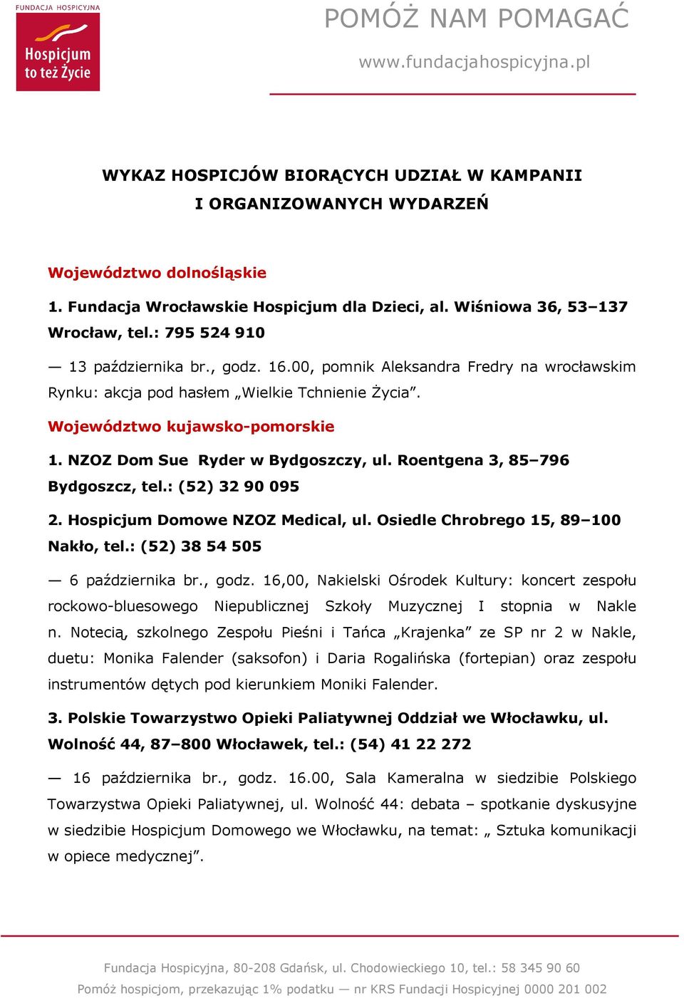 NZOZ Dom Sue Ryder w Bydgoszczy, ul. Roentgena 3, 85 796 Bydgoszcz, tel.: (52) 32 90 095 2. Hospicjum Domowe NZOZ Medical, ul. Osiedle Chrobrego 15, 89 100 Nakło, tel.