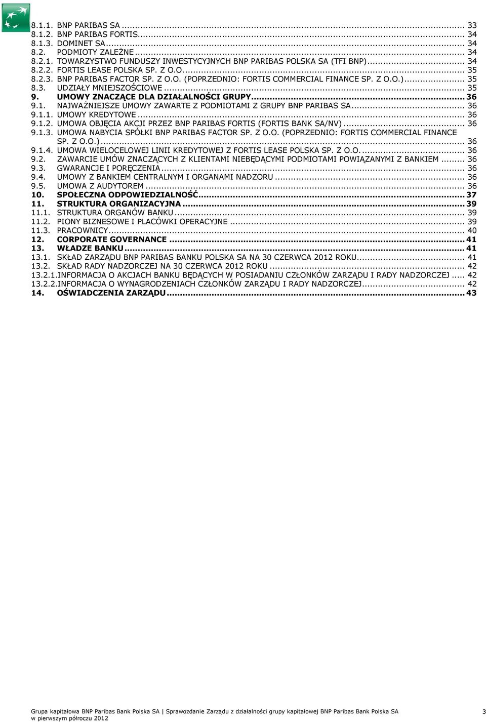 NAJWAśNIEJSZE UMOWY ZAWARTE Z PODMIOTAMI Z GRUPY BNP PARIBAS SA... 36 9.1.1. UMOWY KREDYTOWE... 36 9.1.2. UMOWA OBJĘCIA AKCJI PRZEZ BNP PARIBAS FORTIS (FORTIS BANK SA/NV)... 36 9.1.3. UMOWA NABYCIA SPÓŁKI BNP PARIBAS FACTOR SP.