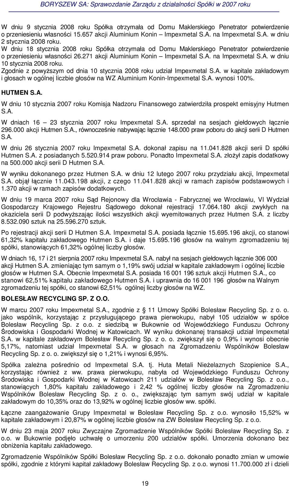 Zgodnie z powyszym od dnia 10 stycznia 2008 roku udział Impexmetal S.A. w kapitale zakładowym i głosach w ogólnej liczbie głosów na WZ Aluminium Konin-Impexmetal S.A. wynosi 100%. HUTMEN S.A. W dniu 10 stycznia 2007 roku Komisja Nadzoru Finansowego zatwierdziła prospekt emisyjny Hutmen S.